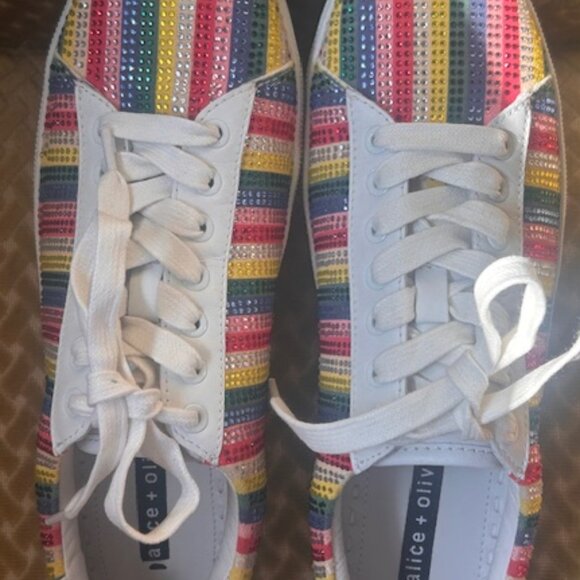 Alice and Olivia Cassidy Rainbow Stripe Sequin Leather Lace Up Sneakers Sneakers - Picture 3 of 16